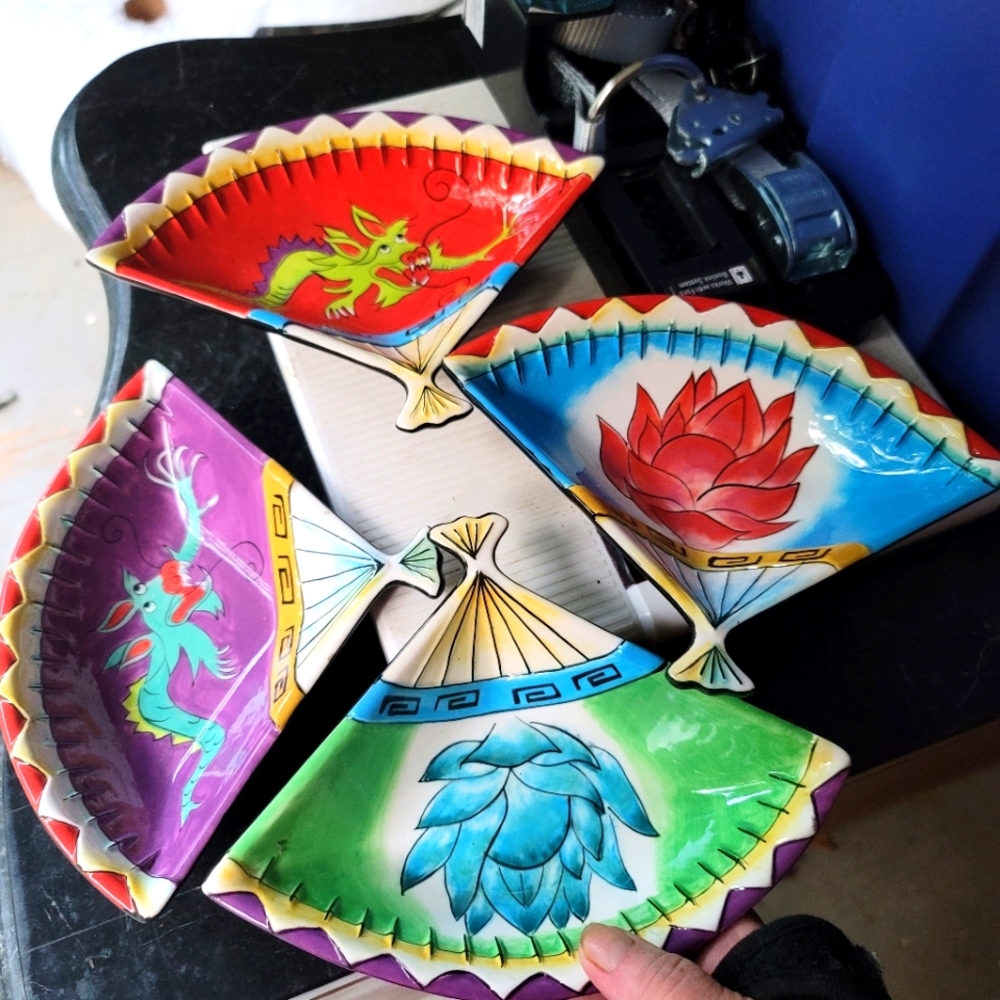 Clay Art Hand Painted Asian Bowls Triang